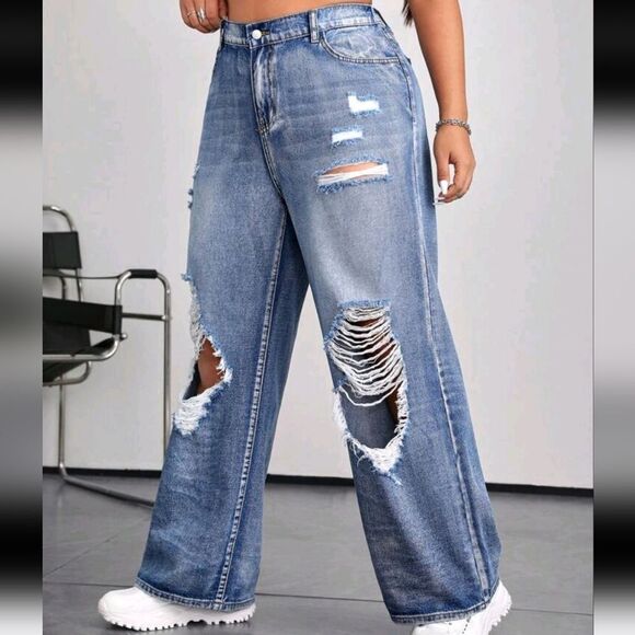 Super trendy wide leg Distressed Jeans sz 2x - Picture 4 of 5